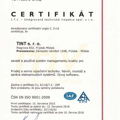 Certifikát ISO 9001 společnosti TINT s. r. o.