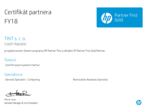 Gold certifikát partnera HP pro rok 2018